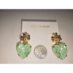 Tory Burch Roxanne Heart Drop Gold-Tone w/Mint Green Heart Pendant Earrings NWOT